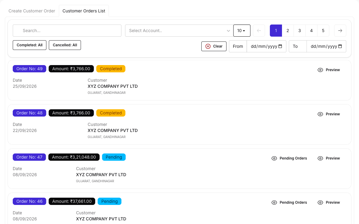 AYBN ERP customer orders list with completed and pending orders, amounts and customer, and a Pending Orders view for open orders